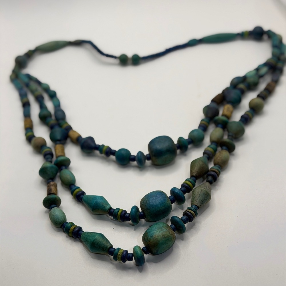 Vintage Multi Strand Wood Bead Necklace Blue Green Teal Boho Geometric Statement - Picture 9 of 16